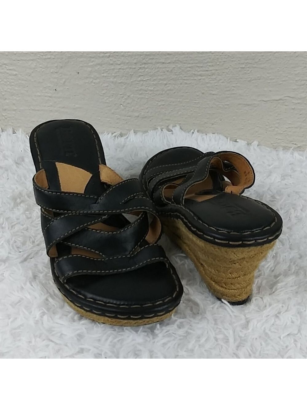 Born Brown Leather Upper Round Toe Wedged Heel Slide Espadrille Sandal Shoe